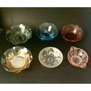 6 Mismatched Berry Bowls Depression Glass Iris Pink Iridescent Cherry Blossom